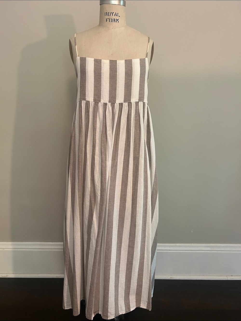 Striped Maxi Dress with Spaghetti Straps - Taupe & White